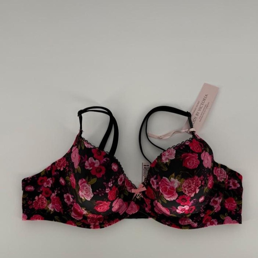 Victoria's Secret Body by Victoria Lined Demi Bra 36B Pink Black Floral Lingerie